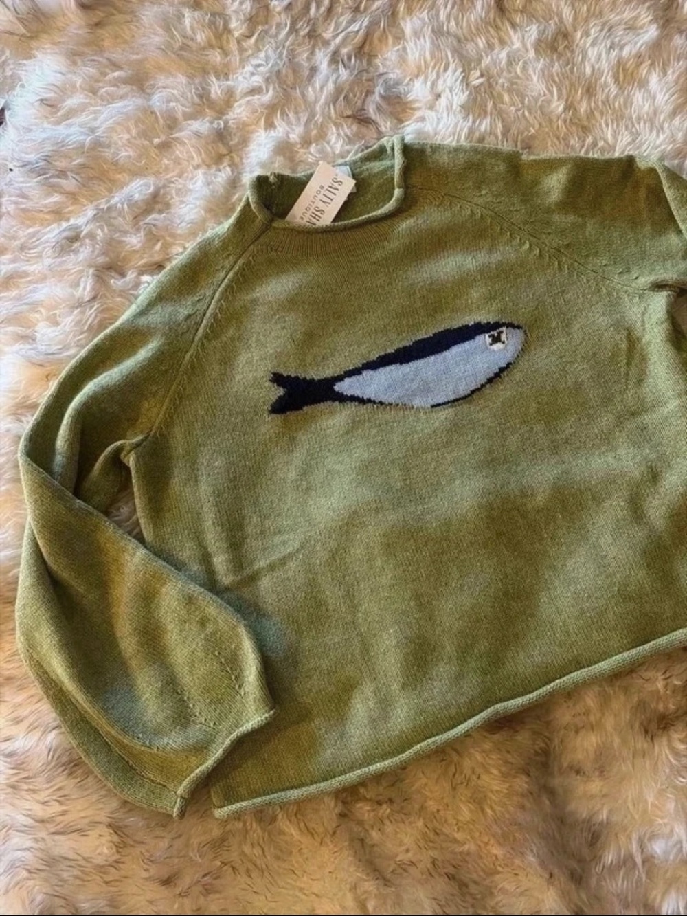 Boutique fish oversized bubble sleeve sardine fun artsy sweater Florida salty M